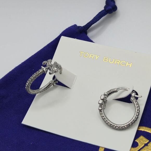 NEW Tory Burch Eleanor Pave Huggie Hoop Earrings Silver T Logo Small Gift - Picture 1 of 5
